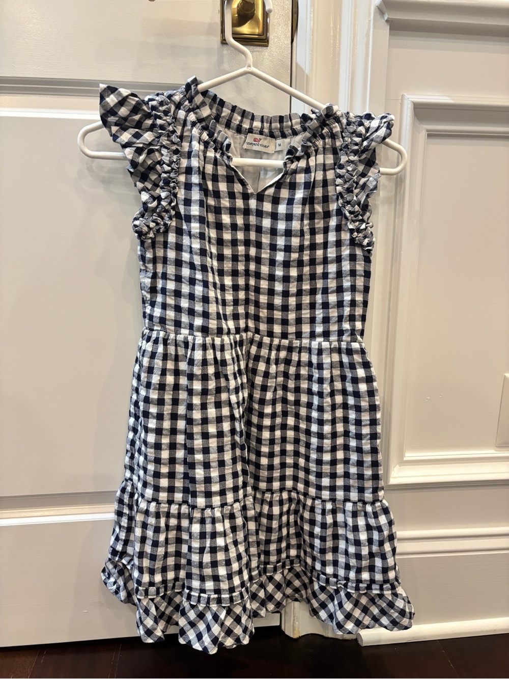Vineyard Vines Navy and White Gingham Ruffle Dress